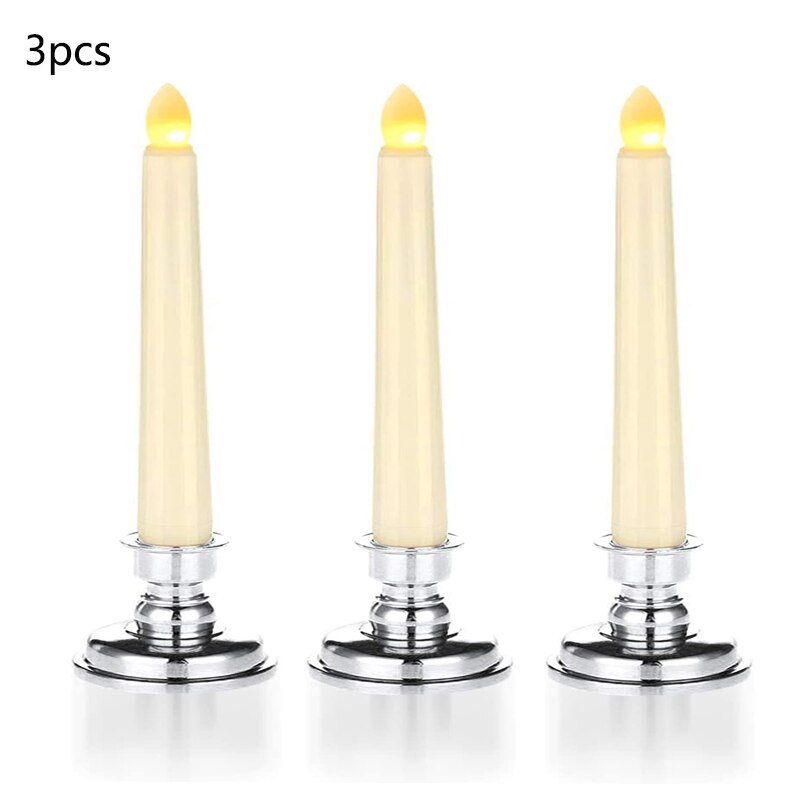 LED fenêtre bougie lumières à piles sans flamme bougies coniques avec Bases veilleuse pour fête mariage saint valentin maison déco: 3pcs Sliver Base