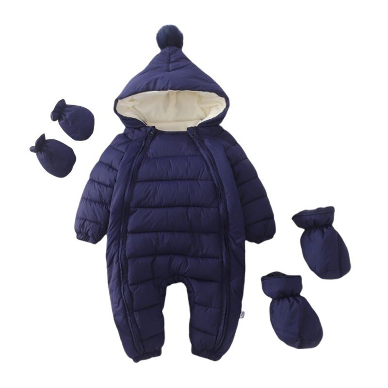 Jlong bebê meninas meninos snowsuit pompom com capuz quente macacão footies + luvas + sapatos 0-24m infantil zíper uma peça: L / 100-XL(18-24M)