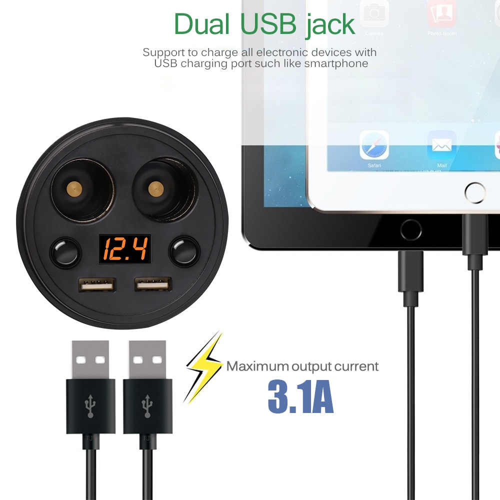 Powstro 3.1A Dual USB Car Charger Adapter Met 2 Sigarettenaansteker Auto Bekerhouder Type Ondersteuning Voltmeter Huidige Display