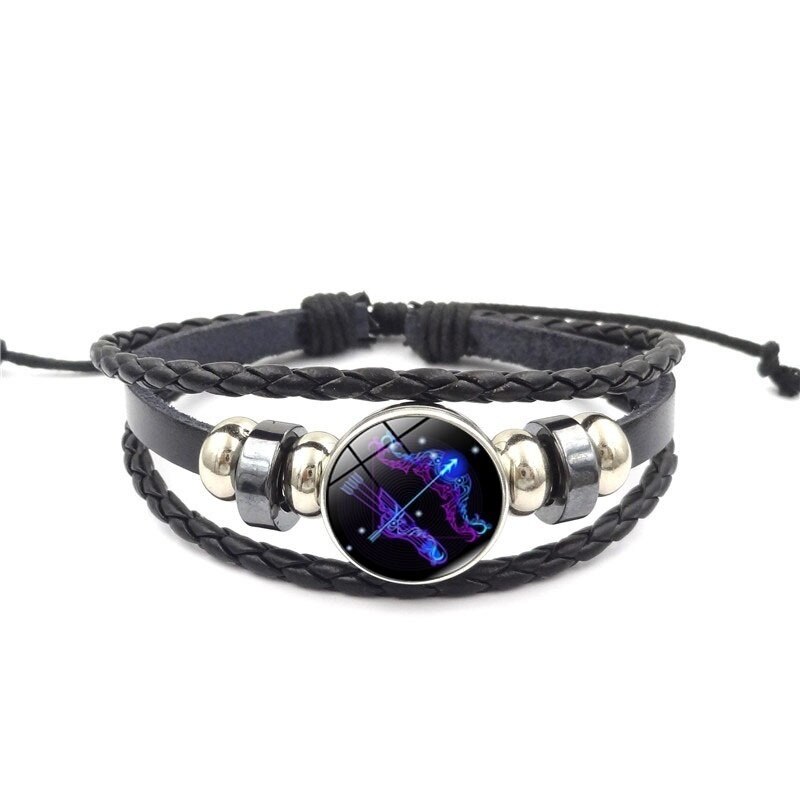 12 Constellation Zodiak Teken Blauw Glas Lederen Armband Ram Waterman Leeuw Maagd Geweven Glas Dome Sieraden Punk Mannen Armband: Sagittarius