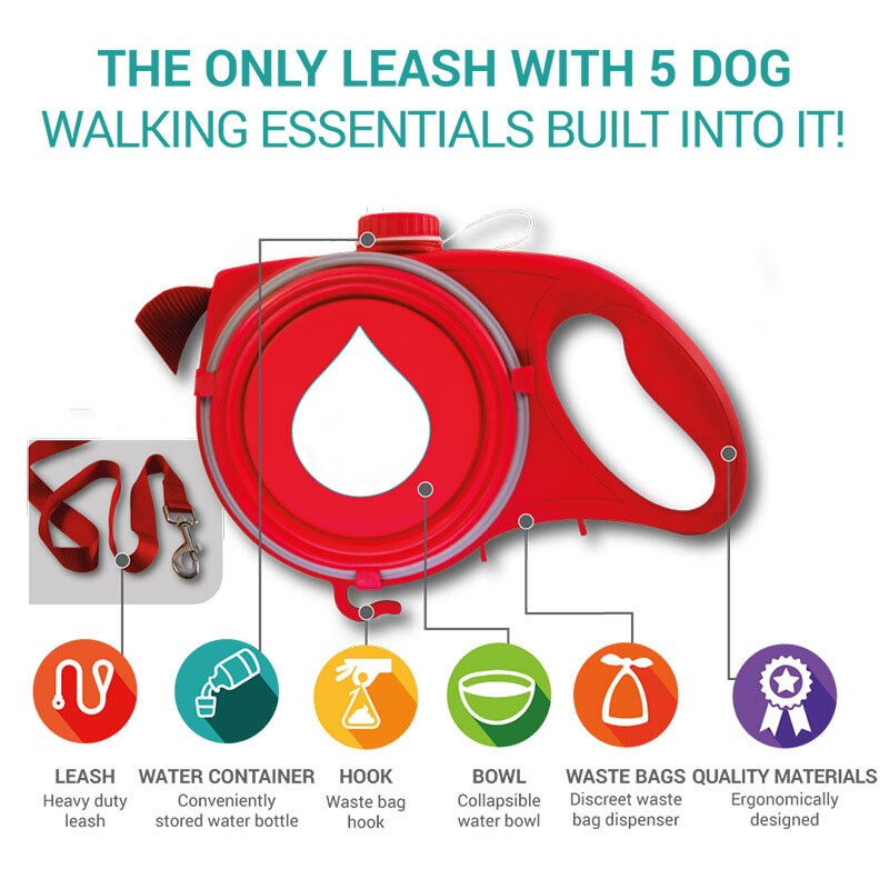 Multifunction Pet Dog Leash with Built-in Water Bottle Bowl Waste Bag Dispenser Outdoor Walking