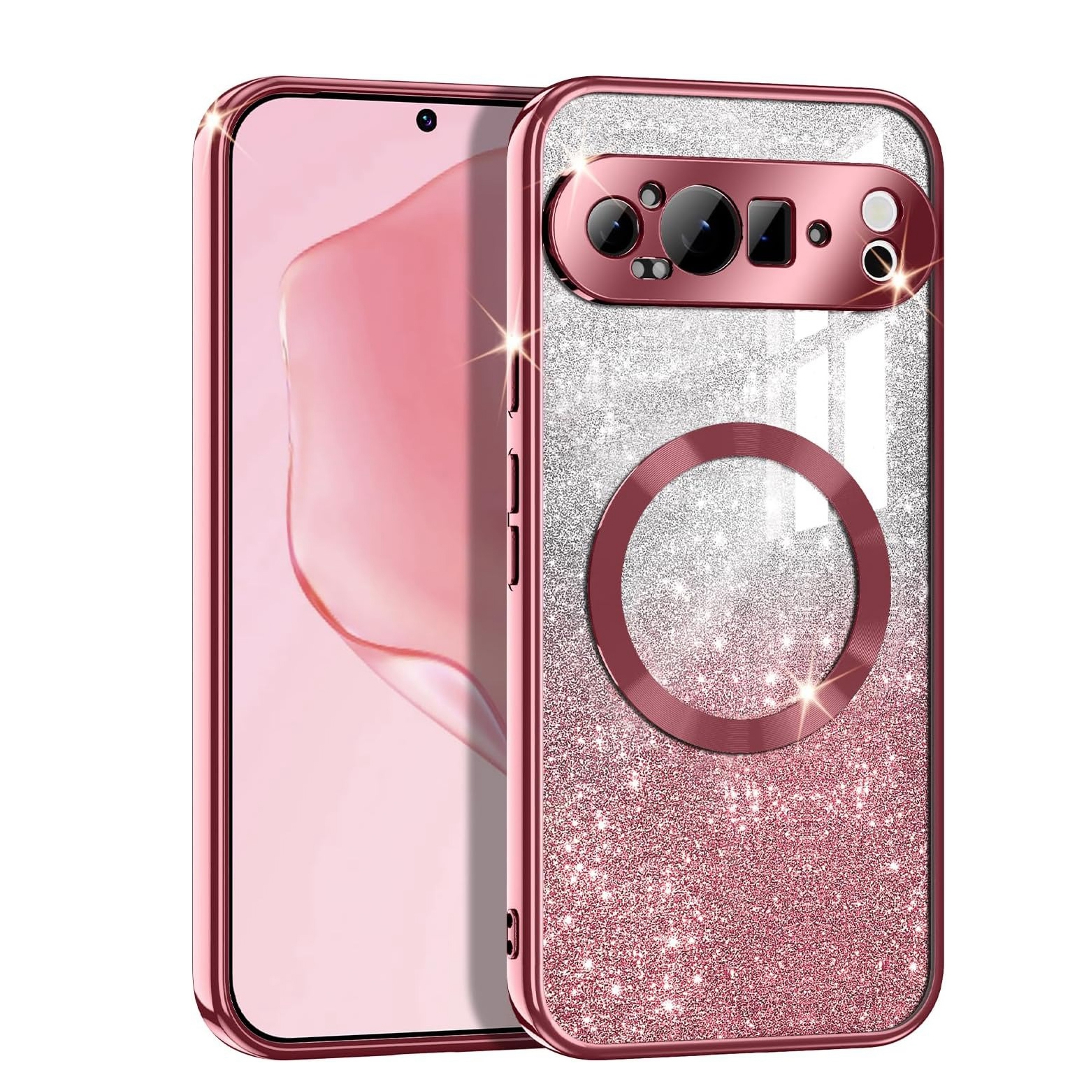 Glitter Transparent for Magsafe Phone Case for Google Pixel 9 9Pro 9 Pro XL 8 8 Pro 8A 9 9ProXL Slim Plating Shiny Soft Cover: Microfiber / Pink