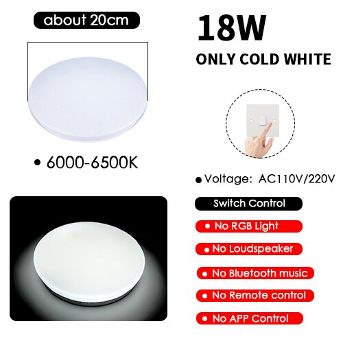 LED Ceiling Light Bluetooth RGB Smart Music Dimmable Lamp AC 220V 240V Living Room Home Decor Party 36W 40W APP Remote Control: 18W 20cm Cold White