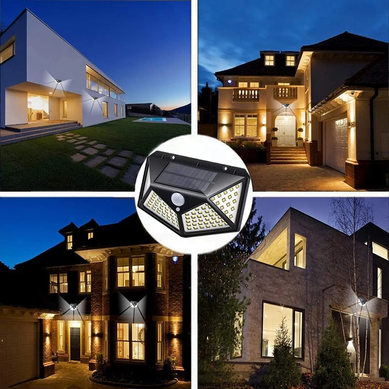 1/2/4/6/10 pièces 100 LED applique solaire 4 côtés lumineux avec capteur de mouvement extérieur jardin cour étanche applique murale