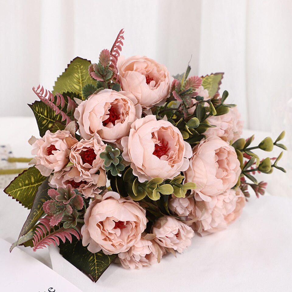 1 bukett kunstig mini peon blomster bukett 9 hoder peon blomster til hjemmet bord vise bryllup diy dekorasjon blomster