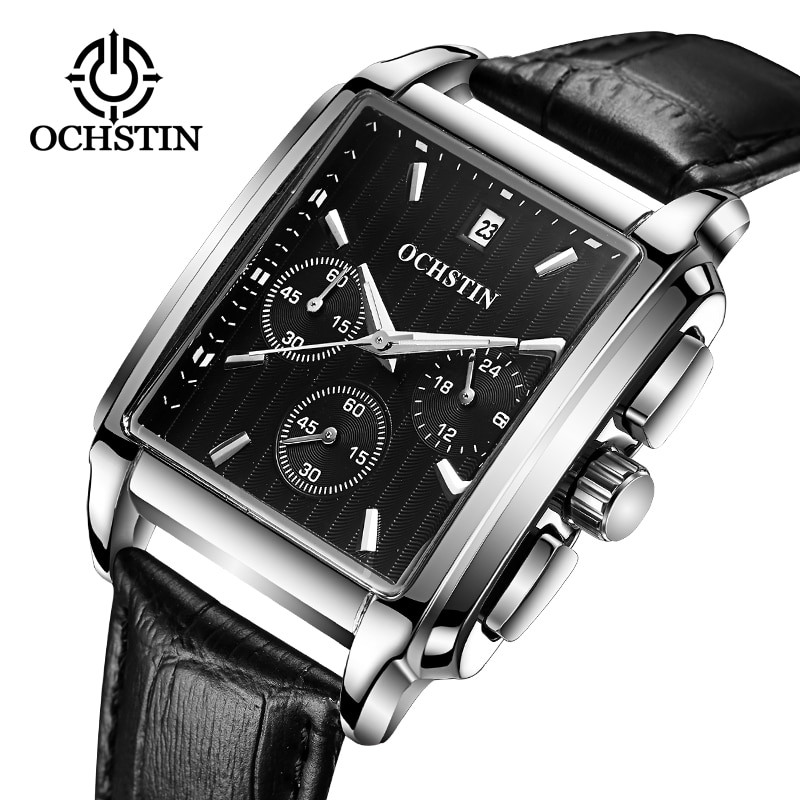 OCHSTIN , reloj cuadrado de cuarzo negro para hombre, reloj de negocios de de lujo, Reloj analógico con correa de cuero para hombre, reloj con cronógrafo
