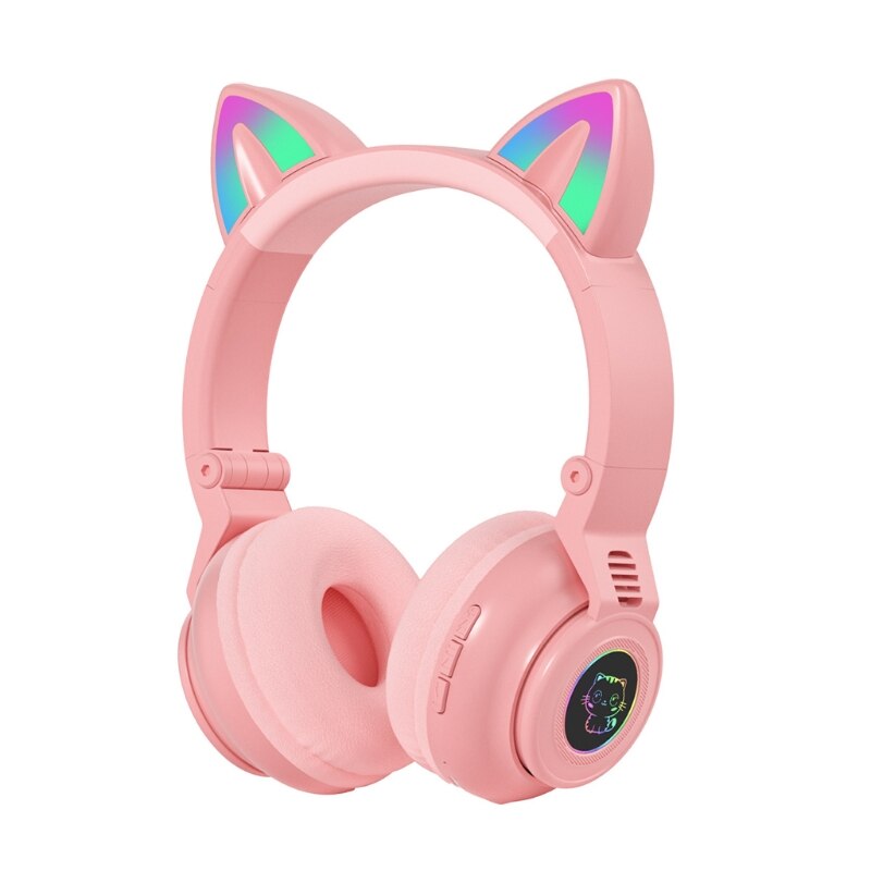 Bluetooth Headphones Cat Ear LED Light Up Wireless Foldable Headphones Over Ear Volume Control for Smartphones Laptop PC