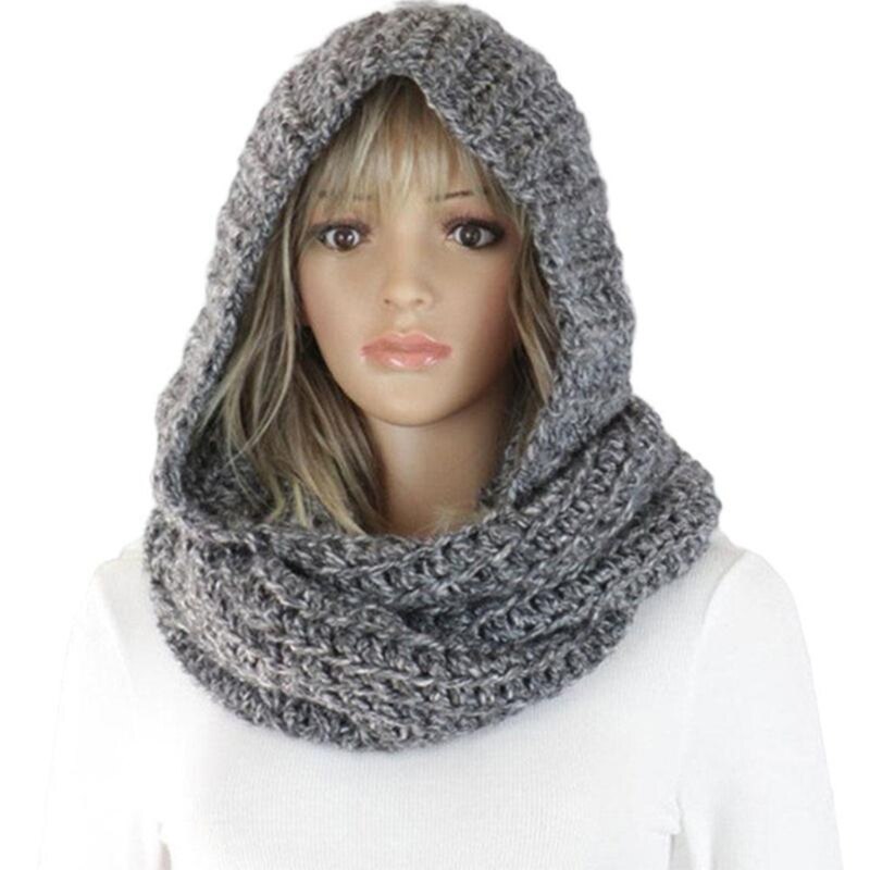 Capucha de punto de ganchillo para mujer, bufanda infinita a prueba de viento, chal largo cálido, envoltura de Color sólido, calentador de cuello: Gris oscuro