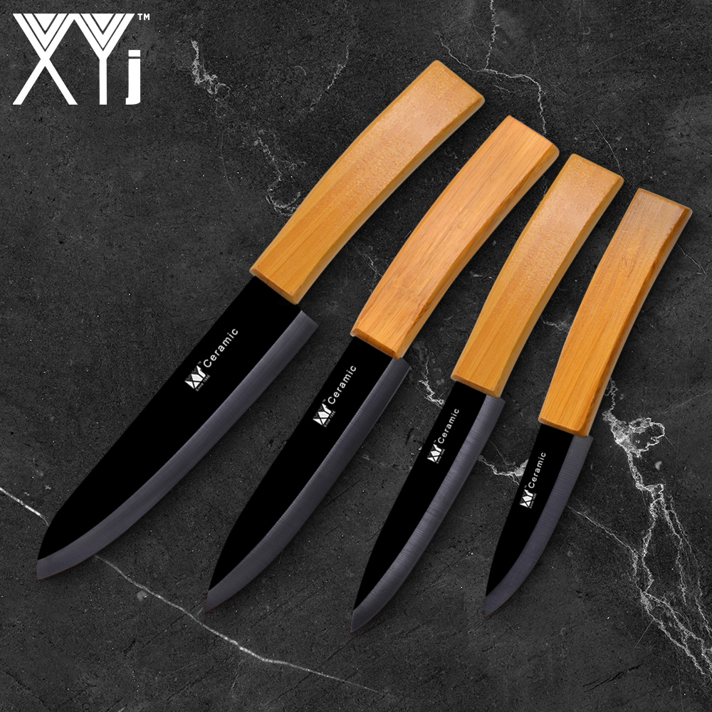 XYj Keramische Mes Set Keuken Koken Messen Black Blade 3 "4" 5 "Chef Messen + 6" gekarteld Broodmes 4 Stuks Set Bamboe Handvat