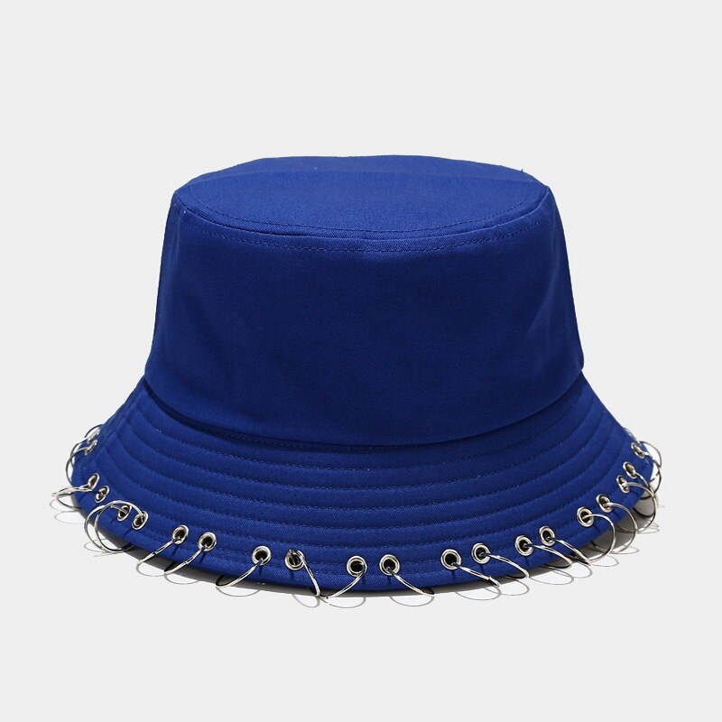 Harajuku Hip Hop Solid Color Bucket Hat Spiked Rivets Metal Rings Outdoor Wide Brim Sunscreen Fisherman Cap Women Man Panama: Blue