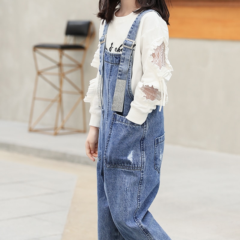 Flickoverall barn denim jumpsuit barn overall jeans vår höst jeans byxor cowboyfickor ytterkläder 6-16t
