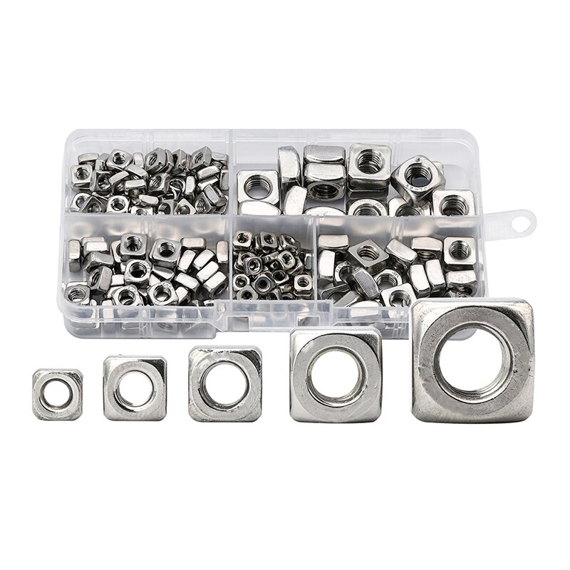 185 pezzi kit assortimento dadi quadrati acciaio inossidabile M3 M4 M5 M6 M8 dadi quadrati metrici impostato dadi a quattro lati: Default Title