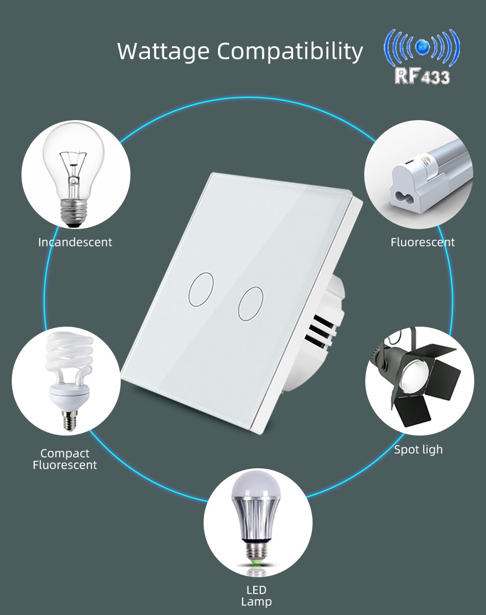 EU Standard Remote Control Touch Switch Light Switch Wall Switch RF433 Wireless Interrupter SwitchAC100-220V Tempered Glass Panl