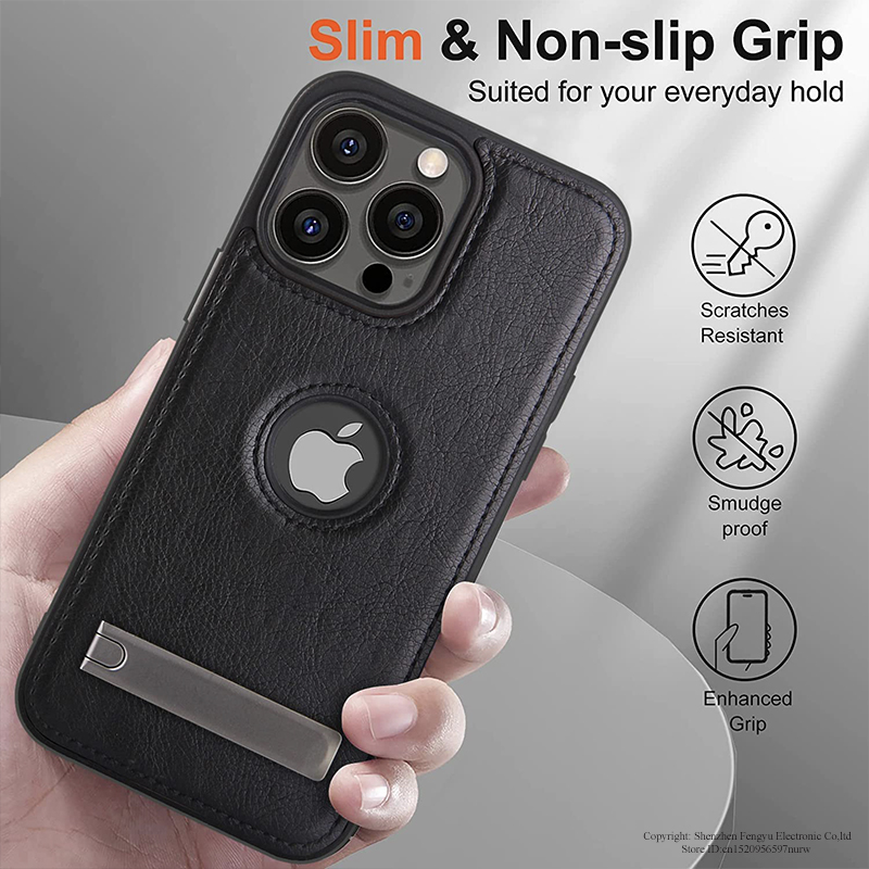 Funda de teléfono de cuero para iPhone, 15, 14 Pro Max Plus, 13, 12, 11, con soporte de Metal delgado, agarre suave, cubierta trasera de lujo