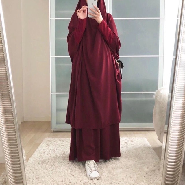 Ramadan Eid Frauen Gebet Bekleidungs Muslimischen einstellen 2 Stück Passenden Outfit Mit Kapuze Khimar Hijab Lange Felsen Abaya Islam Saudi Kleidung: Wein rot