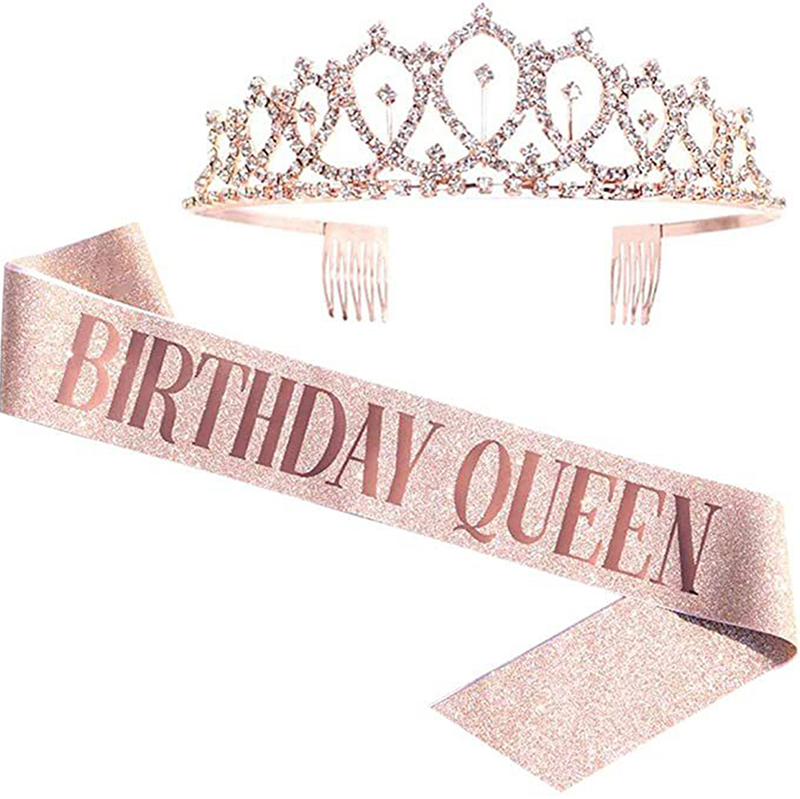 Bling Rhinestone Crystal Crown Tiara Birthday Anniversary Decoration Happy 18 21 30 40 50th Birthday Satin Sash Party Supplies: RGB