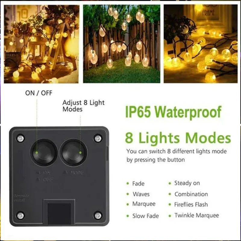 Guirnalda de luces solares para exteriores, luz de hadas de cristal, 8 modos, luz de Patio impermeable para decoración de de jardín