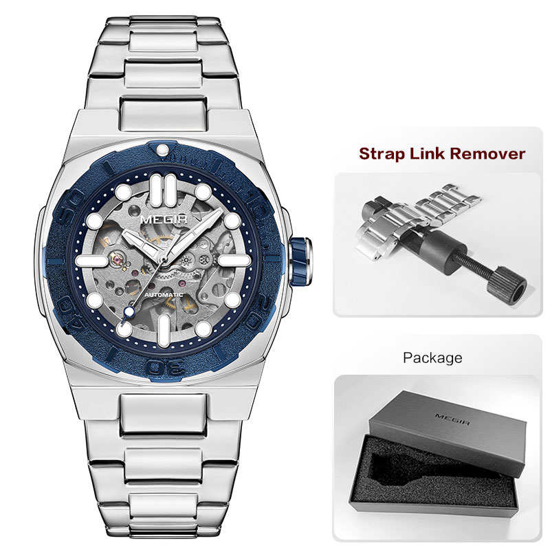 MEGIR Heren Automatisch Mechanisch Horloge - Skeleton Wijzerplaat, Roestvrij Staal Band, 3Bar Waterdicht: Bruin