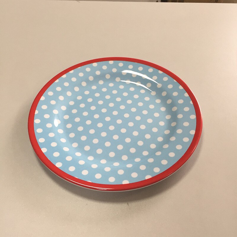 9 Inch Diner Platen Serving Cake Tray Imitatie Porselein Plaat Diner Fruitschaal Steak Gerechten Imiteren Keramiek Servies: 1-Light Blue dot