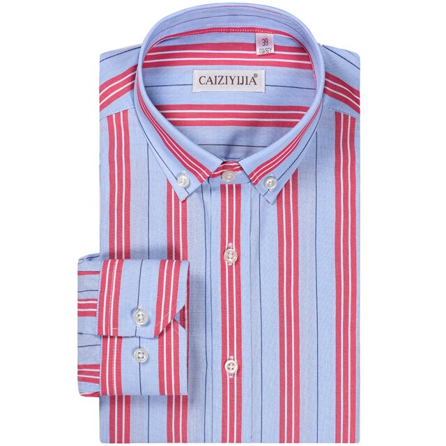 Men's Cotton Striped Button Cuff Dress Shirts Pocket-less Contrast Colors Casual Standard-fit Long Sleeve Shirt: Red / 39