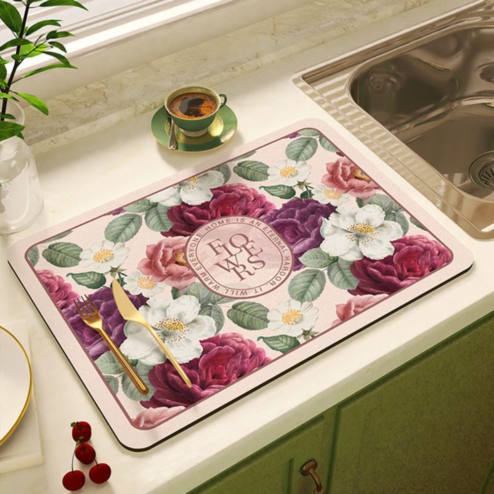 Serviesgoedkleed Superabsorberende Schoteldroogmat Bloemenprint Antislip Afvoermat Sneldrogend Vintage Afvoerkussen Tafeldecoratie