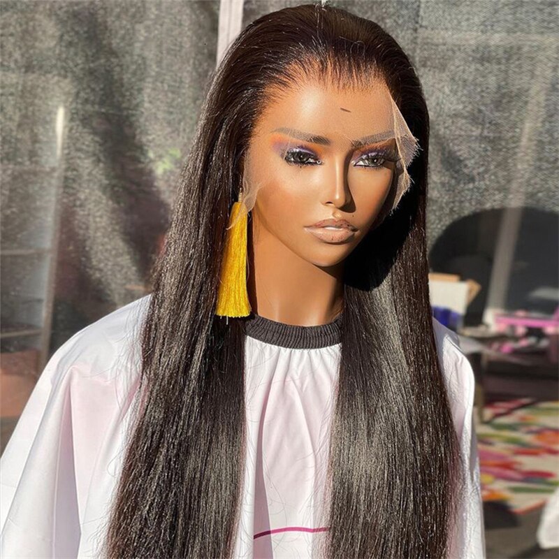Perruque Lace Front Wig lisse noire naturelle 26 pouces, perruque en soie douce et longue, baby hair, pre-plucked, Fiber résistante à la chaleur sans colle
