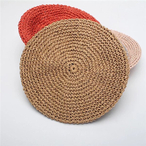 Originale håndkrog kvinder papyrus beret hatte damer flad halm solid kasket forår efterår: Khaki