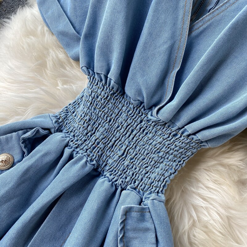 Combinaison Jean bleu uni pour femme, col en v, manches chauve-souris, taille élastique, tunique Jean, salopette décontracté