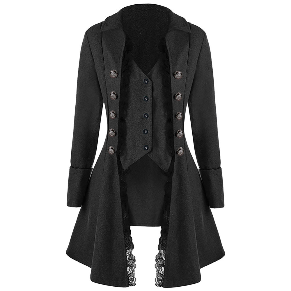 Men Suit Jacket Long Tuxedo Vintage Steampunk Retro Tailcoat Gothic Victorian Frock Coat Cosplay Lace patchwork: Black / L