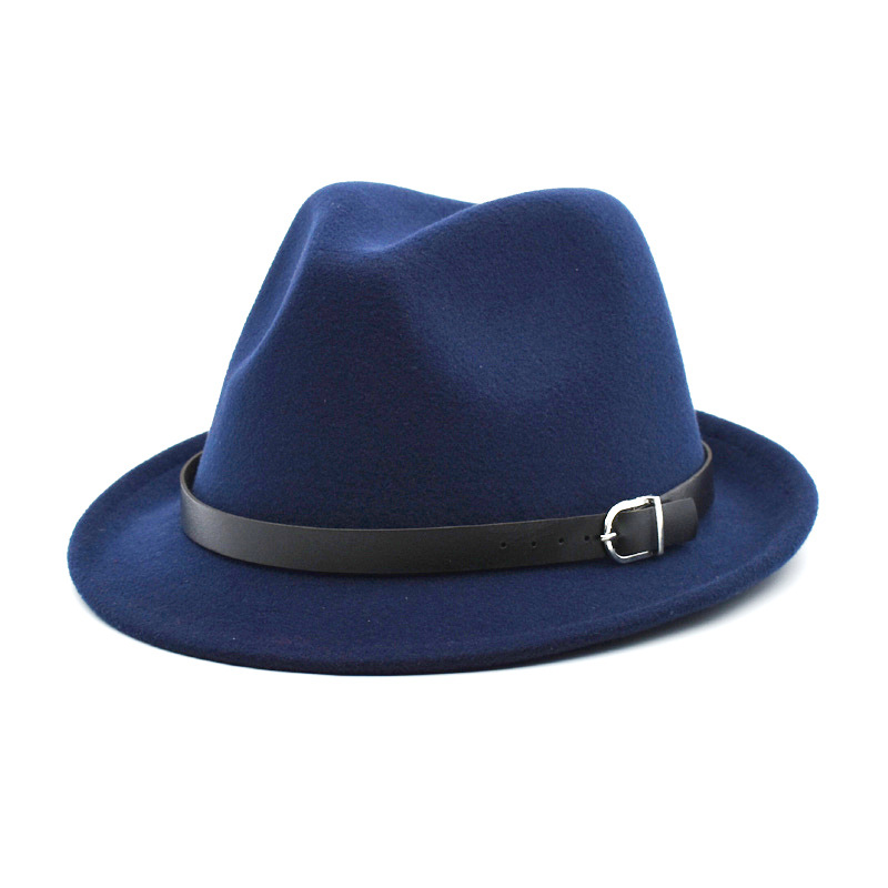 European Classical felt Fedoras Hat for Men Women Cowboy Trilby Cap Homburg Church Jazz Hat with Belt: Navy blue