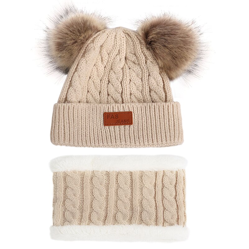 Los niños de invierno cálido sombrero Collar pompón guisantes sombrero de niño/Niña de punto sombrero de la bufanda de esquí cálido 2 conjunto de piezas gorro de cabeza
