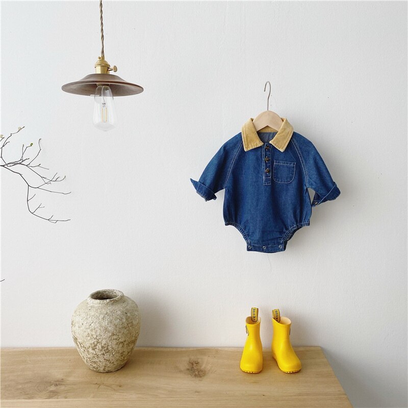 neue Frühjahr Koreanischen Stil Baby Mädchen Jungen Body Denim Lange Ärmel Overall Nette Kinder Kleidung E3994