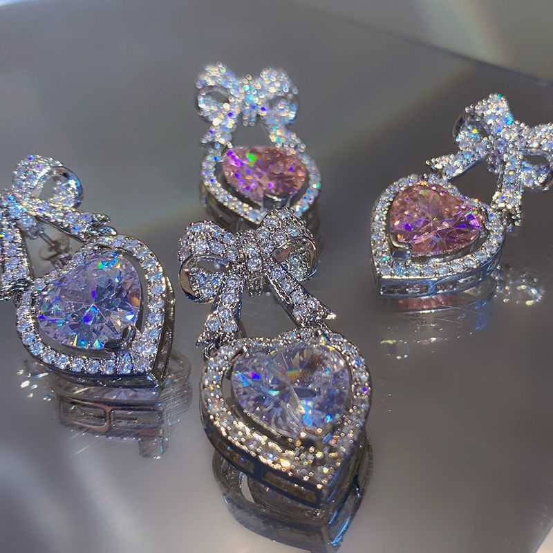 Korean Pink Pendant Earrings Princess Full Rhinestone Bow Love Heart Earrings Women's Wedding Aesthetic Jewelry