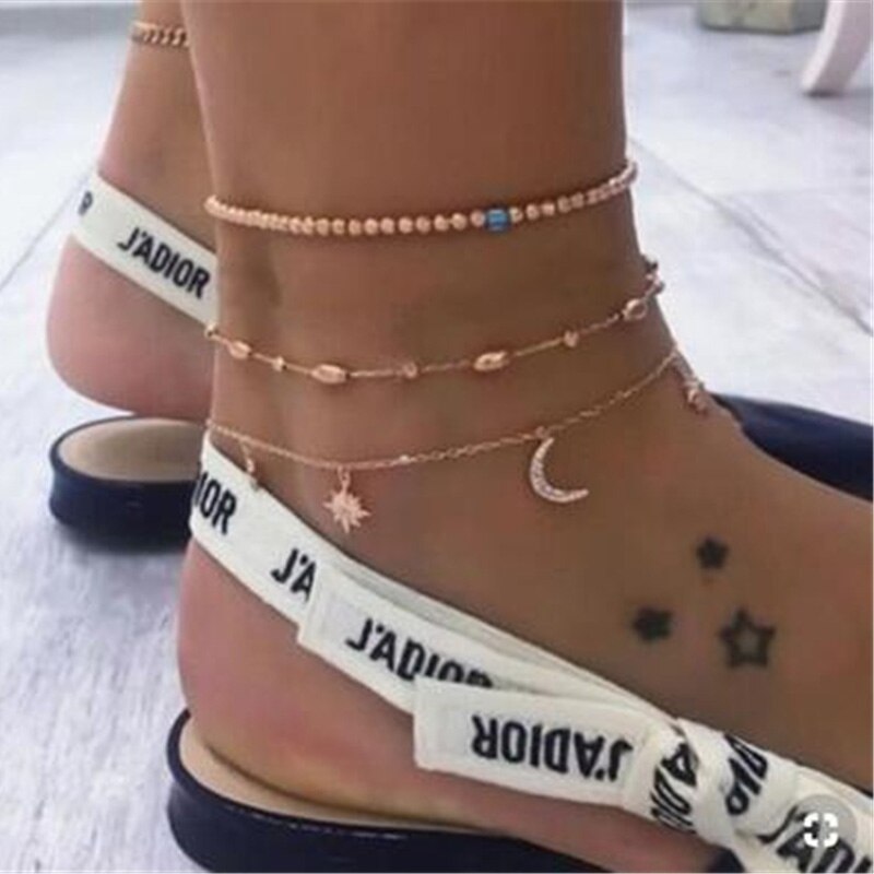 Conjunto de pulseras tobilleras bohemias con cuentas multicapa, con colgante de luna y estrella, pulseras de cadena para mujer, joyería para el tobillo Pie, de 2 uds