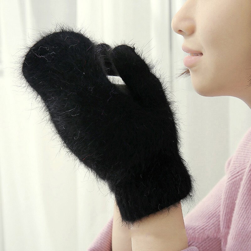 Frauen Mädchen Kaninchen Haar Handschuh Winter Dicken Flauschigen Weiche Fäustlinge Weihnachten Einfarbig Freien Nette Warme Handschuhe: Schwarz