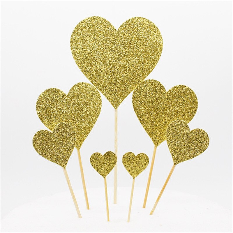 Cakelove 7pcs/Set Red Gold Heart Shape Cake Topper with Toothpick Cake Decorations for Wedding Birthday Party Cute Lovely: Heart gold