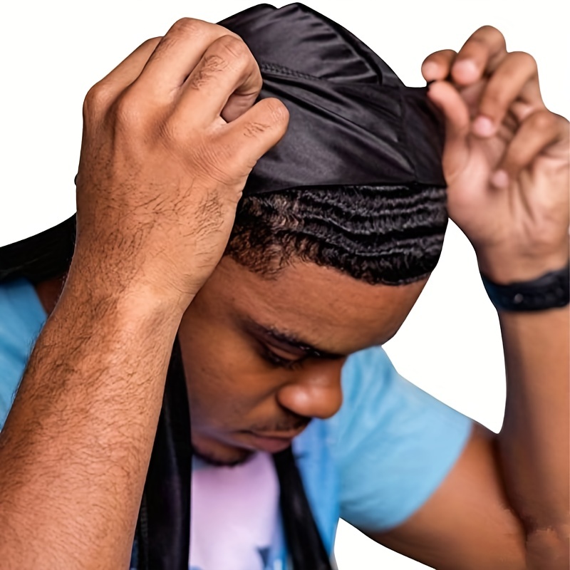 Heren zijden Durag Bonnet Bandana Silky Du Rag Doo Rag Long Tail Waves Cap