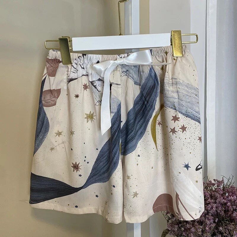 Kvinder pyjamas shorts bomuld blomsterprint shorts løse strandbukser hjemmebukser behagelig lounge bund soveshorts ouc 168: Elfenben
