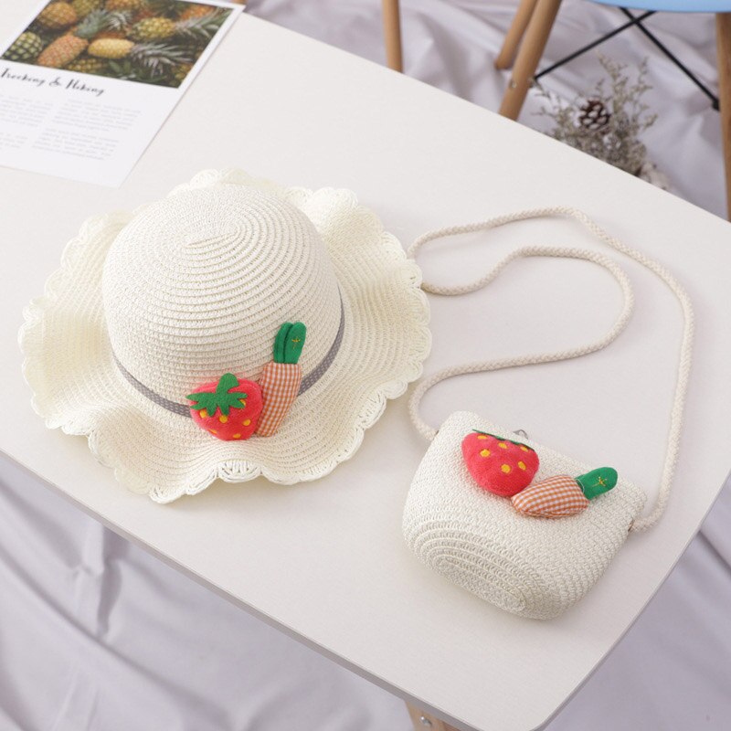 Sombrero tejido de paja bolso bandolera para niña de verano dibujo bonito fresa playa viaje protector solar onda de encaje gorra de sol U5: U5 White