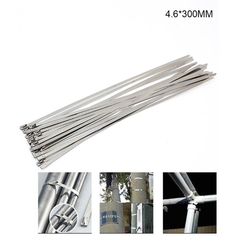 896B 100pcs Stainless Steel Tie Wrap High Strength Heavy Duty Exhaust Wrap Metal Self-locking Cable Zip Ties: 300mm