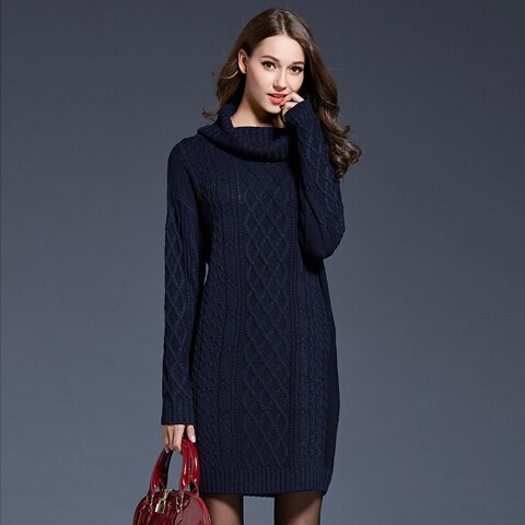 YNZZU Newest Winter Dress Women's Long Sleeve Luxury Solid Turtleneck Warm Wool Sweater Dress Knitted Clothes YD095: Blue / L