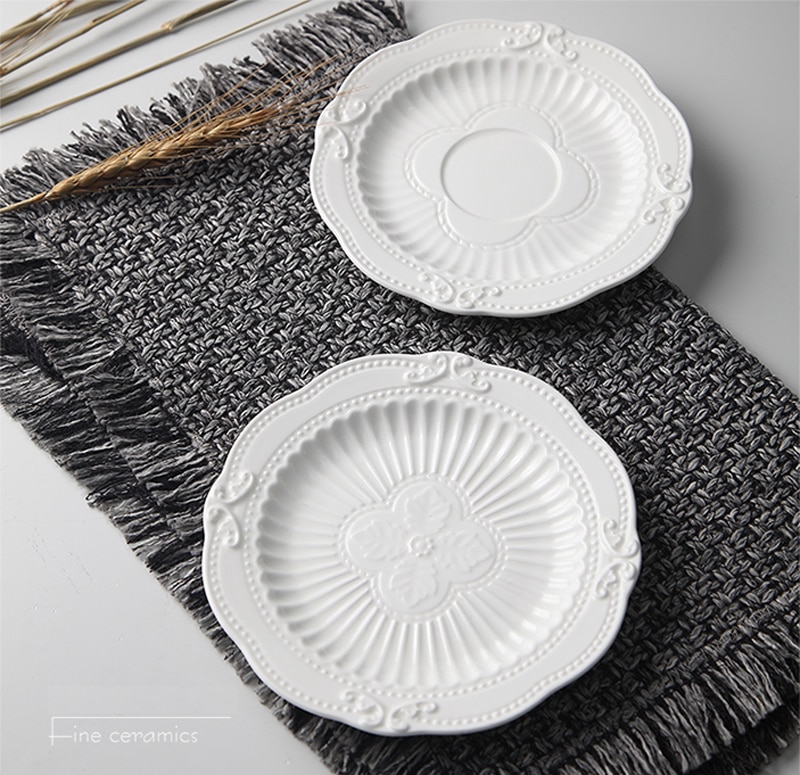 6inch, white embossed porcelain serving dish, ceramic kitchen plates, wedding plates for decoration, party buffet fruit plate