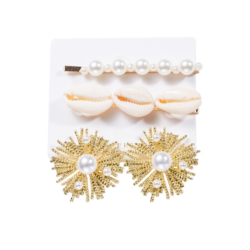 Find Me Shell Rhinestone Earrings Hairpins Jewelry Set for Women Simple Alloy Imitation Pearl Hair Clips Accessories: 5