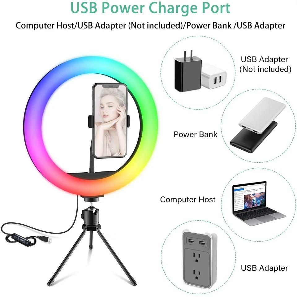 10 pollici RGB Selfie Ring Light Treppiede Supporto per telefono Fotografia RingLight Cerchio Luce di riempimento Lampada a colori a LED Trepied Makeup