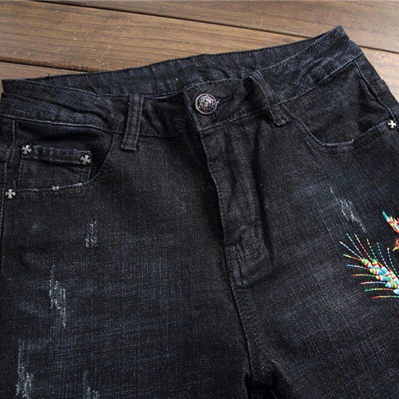 Pantalones vaqueros ajustados con bordado de flores para hombre, Vaqueros clásicos con cremallera rasgada, color negro