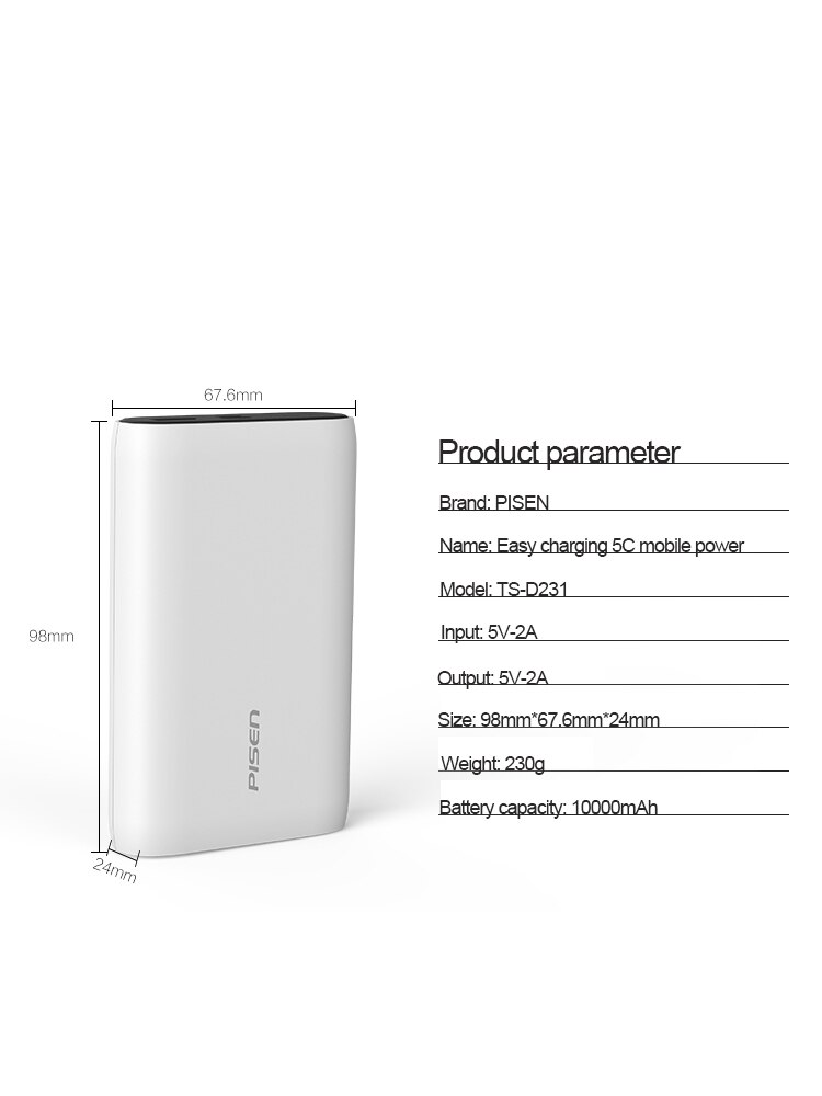 PISEN-Banco de energía de 10000mah, batería portátil ultrafina y ligera, de energía móvil minibanco, batería externa para xiaomi y iPhone