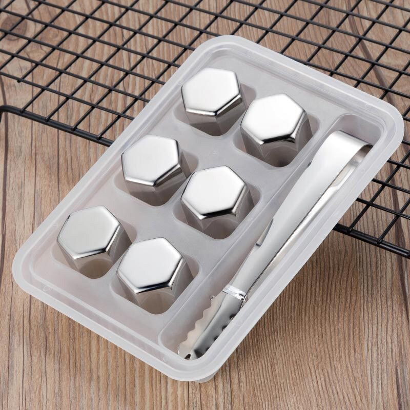 1impostato pietra in acciaio inossidabile per Whisky 6/8 pietre di Whisky cubetti di ghiaccio cubo ecologico birra refrigeratore sbarra pietre per refrigeratori di vino: 6pezzi e 1pliers