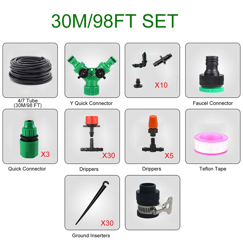 50/30m vanding drypvandingssystem automatisk vanding kit havevandingstimer slangesystem drivhus drypvanding: Sæt 4