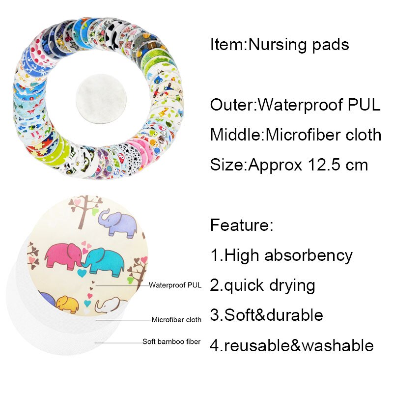 10 Pcs Nursing Pads Reusable Breast Pads Waterproof Printed Breast Absorbent Nursing Feeding Pad,12cm ,Bamboo Inner Nursing Pads