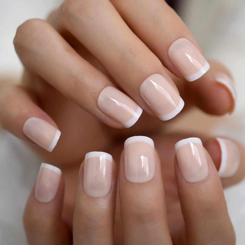 White V Shape French Nails Medium Stiletto Press On Nails Natural Color Predesigned Tips with Glue Sticker: L5608